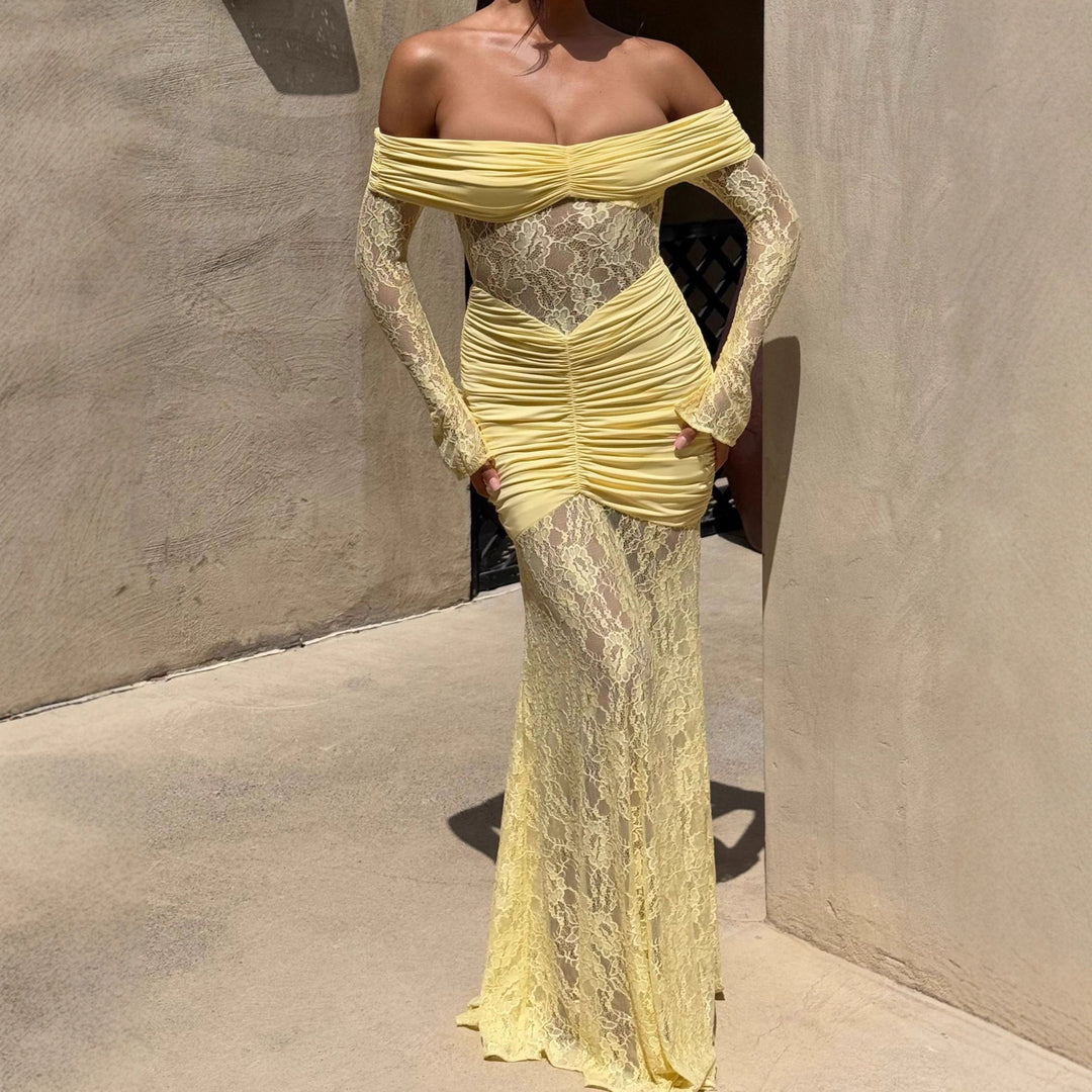 Damer Elegant Spids-Maxikjole med elegant Off-Shoulder Design og Rynker Skovae