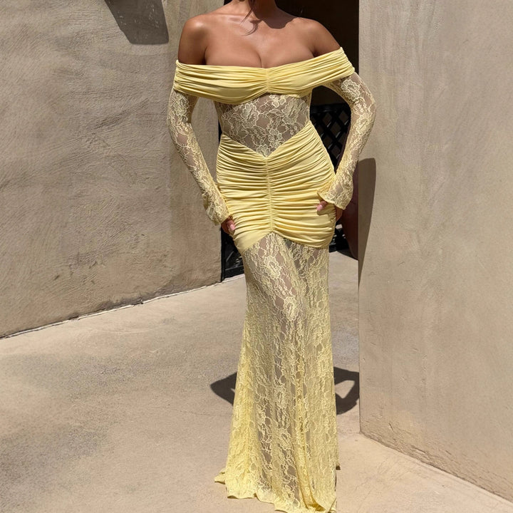 Damer Elegant Spids-Maxikjole med elegant Off-Shoulder Design og Rynker Skovae