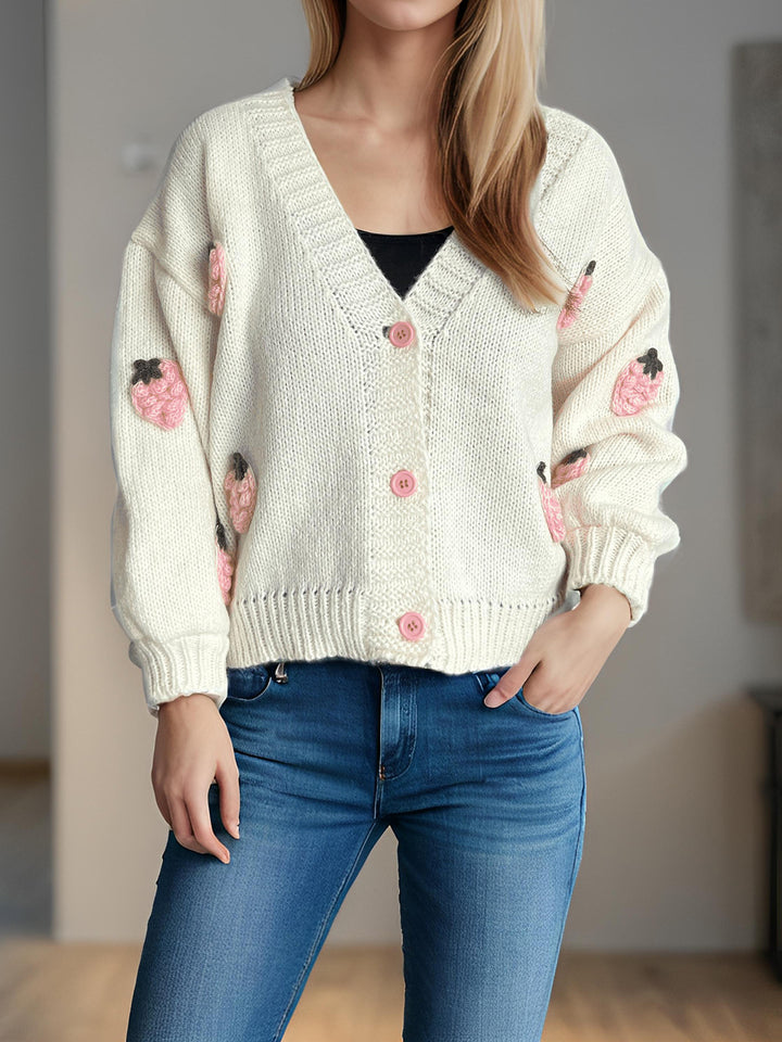 Dame cardigan med legende jordbærmotiv og store knapper Stilla