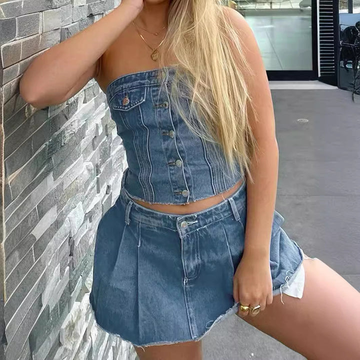 Dame Denim-Crop-Top med strikket overtræk Skovae