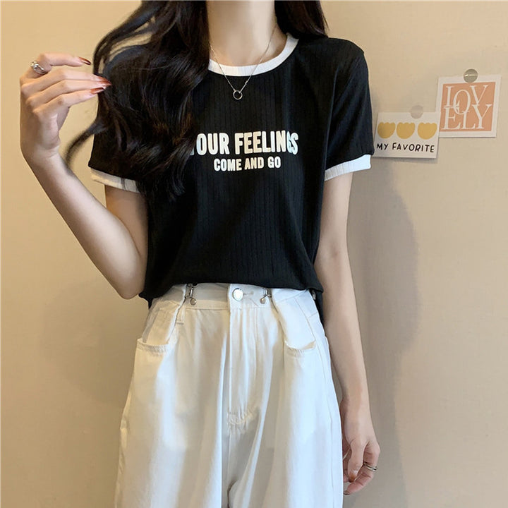 Femme Casual Grafik T-shirt med ribbet tekstur Stilla