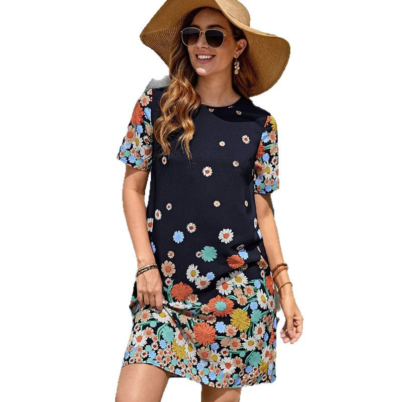 Dame Floral Print Kortærmet Tunika Kjole Stilla
