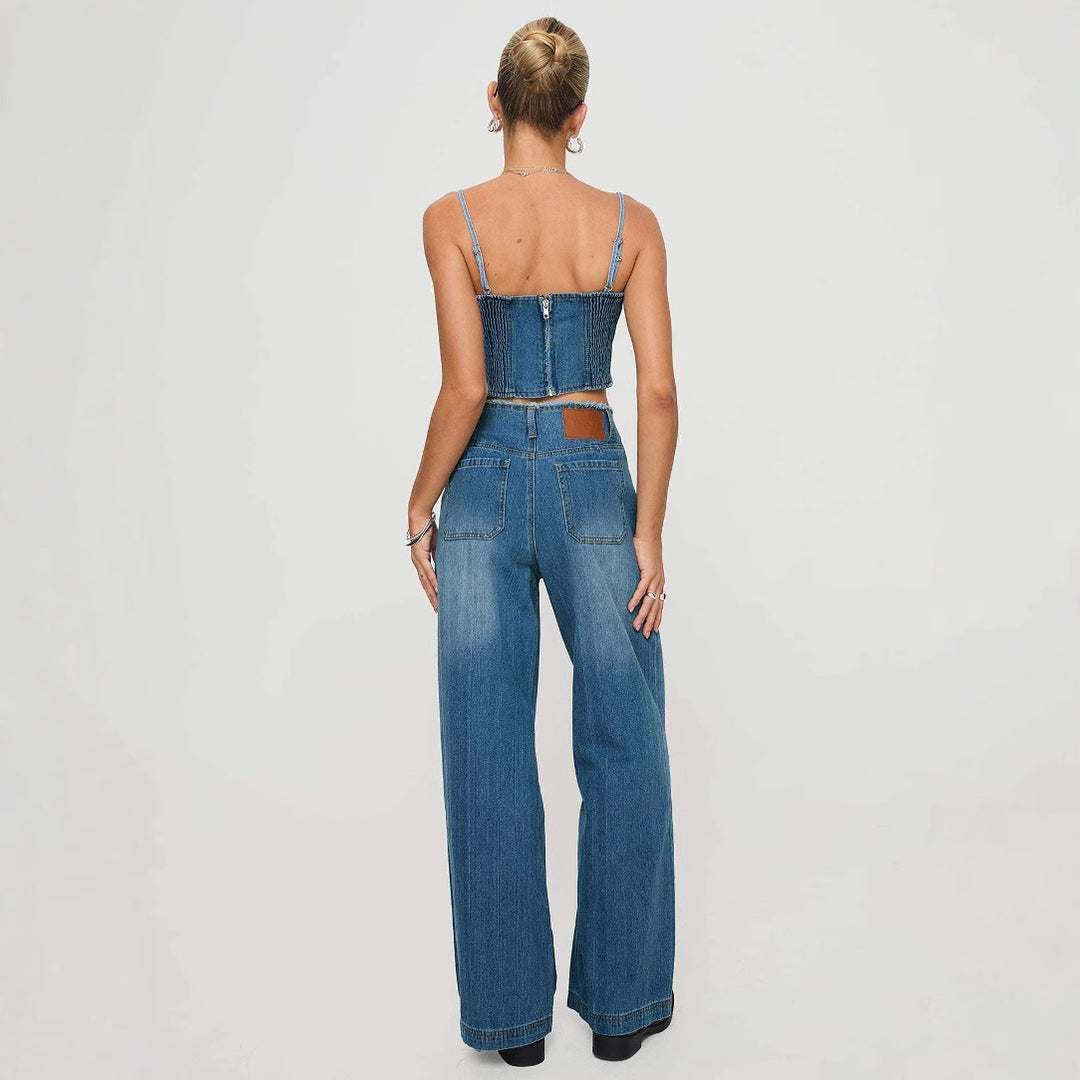 Dame Løst skårede Højtaljede Denim-Bukser med flosset søm og moderne detaljer Stilla