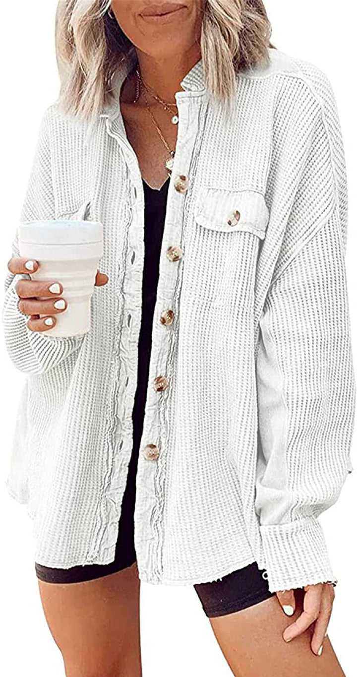 Dame Oversized Vaffel-Strikjakke med Knapdetaljer Stiila