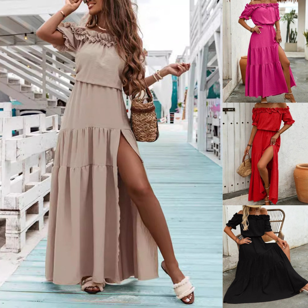 Dame Off-Shoulder Maxikjole med Rynkedetaljer og Feminint Volant Stilla