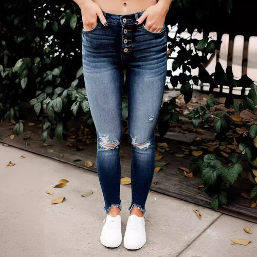 Dame Ripped Skinny Jeans med høje knapper og frynsed kant Stilla
