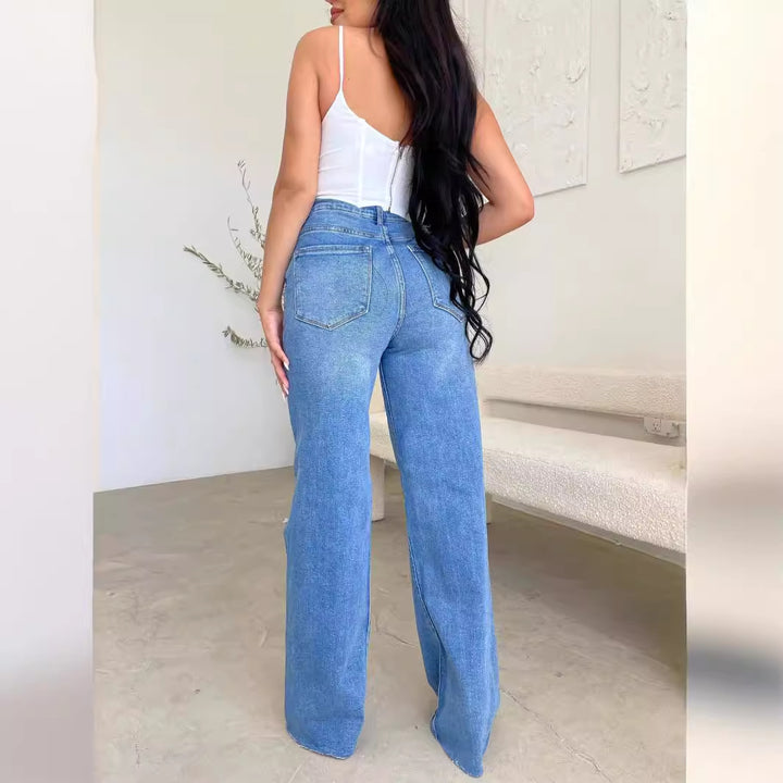 Dame brede jeans med slidte detaljer og høj talje Skovae