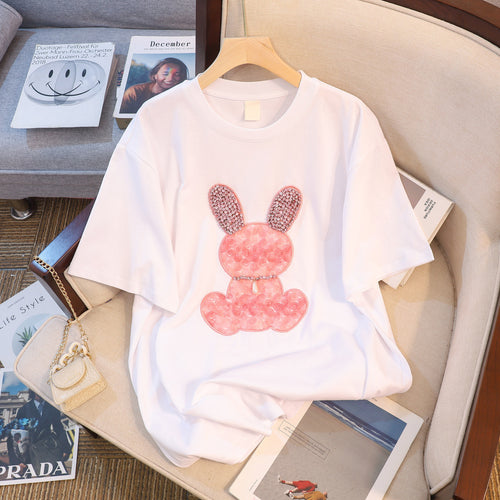 Dame T-shirt med funklende kaninmotiv og løstsiddende pasform Stilla