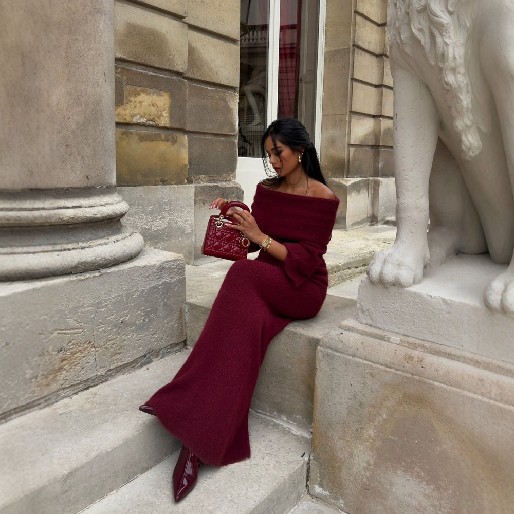 Kvinder Elegant Strikket Maxi Kjole med Off-Shoulder Design og Lange Ærmer Skovae