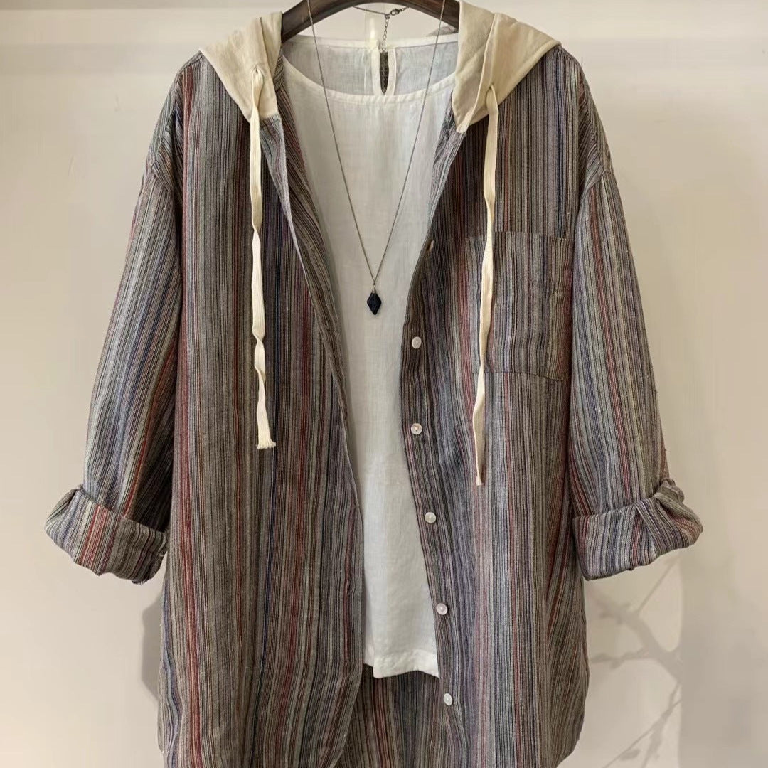 Femme Stribet Overdimensioneret Button-Up Skjorte med Hætte Stilla