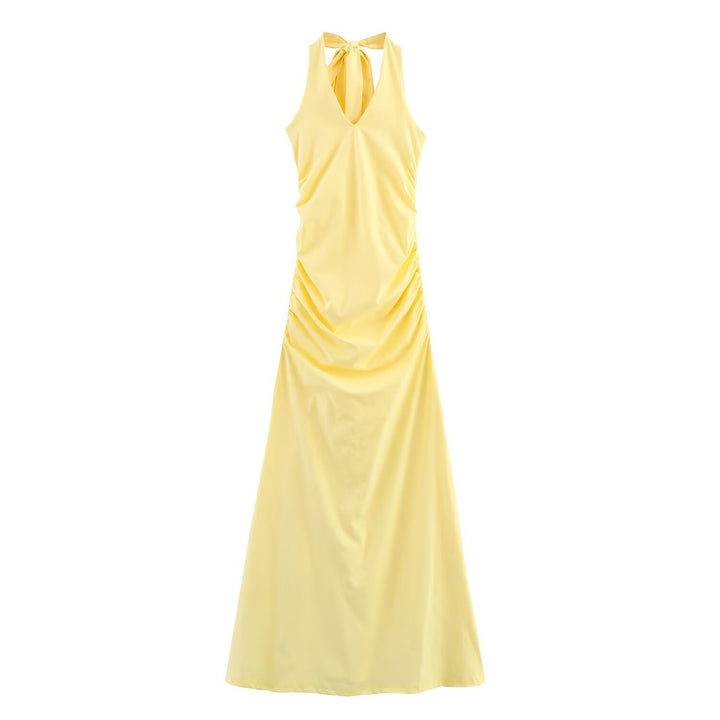 Femme Elegant Halter Neck Maxi Kjole med Rynkning Detaljering Stilla