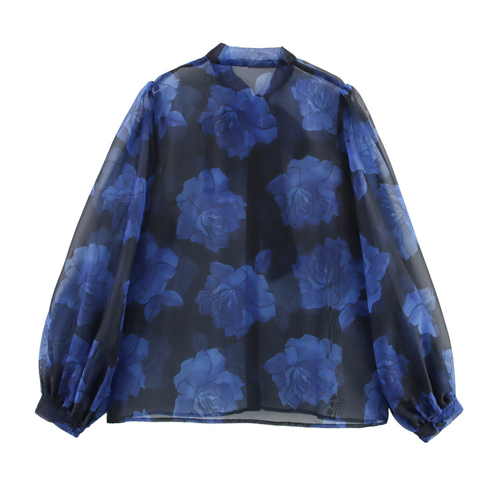 Femme Gennemsigtig Bluse med Blomstertryk og Slips-halsdetalje Stilla