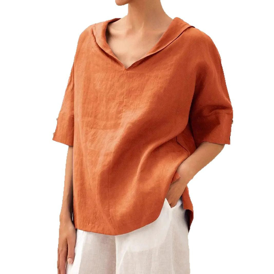 Dame afslappet linned blouse med hætte og korte ærmer Stilla