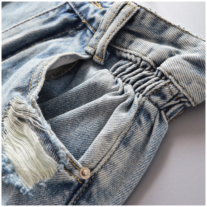 Dame Denim-shorts med frynset detaljer og elastisk talje Stilla