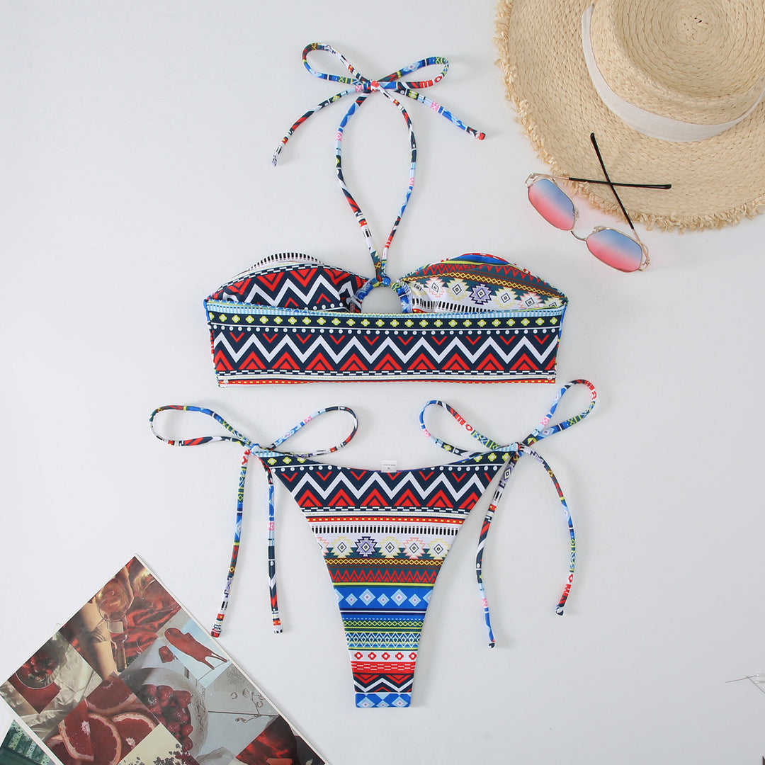 Dame Bandeau-Bikini-sæt med legende tribal-mønster og justerbare stropper Stilla
