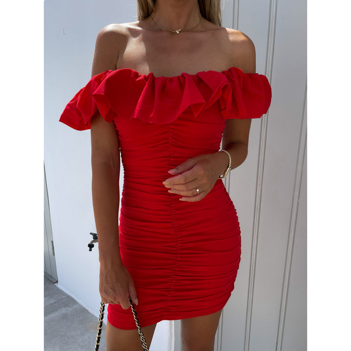 Dame Off-Shoulder Mini-kjole med flæsedetaljer og rynk Stiila