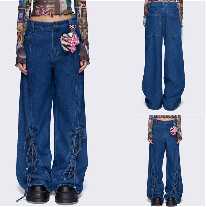 Dame brede jeans med snøredetaljer og afslappet snit Stilla