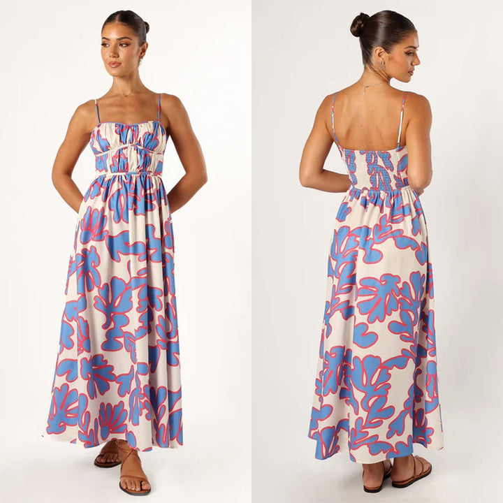 Dame Smocked Maxi Kjole med justerbare stropper Stilla