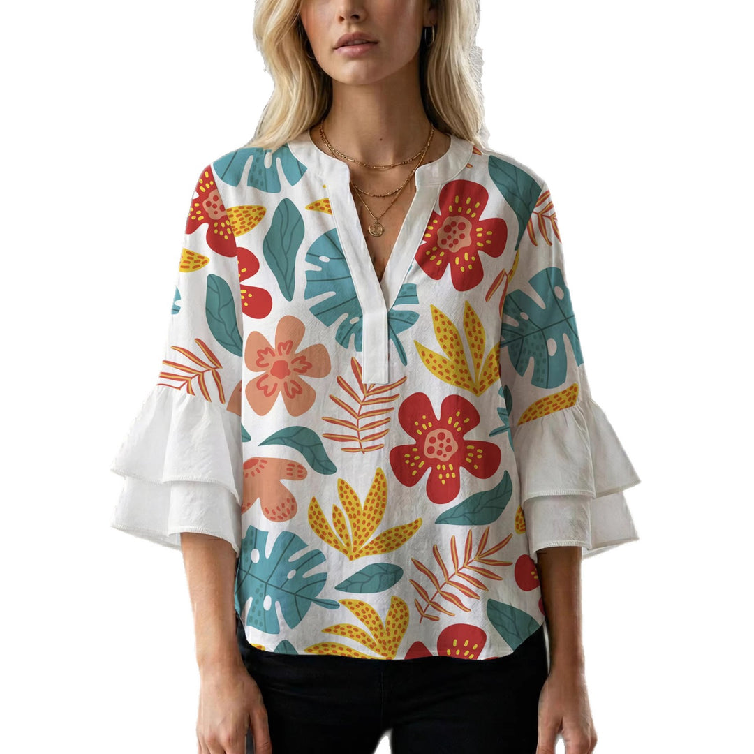 Dame Elegant top med volumiøse puffærmer og floraltryk Skovae