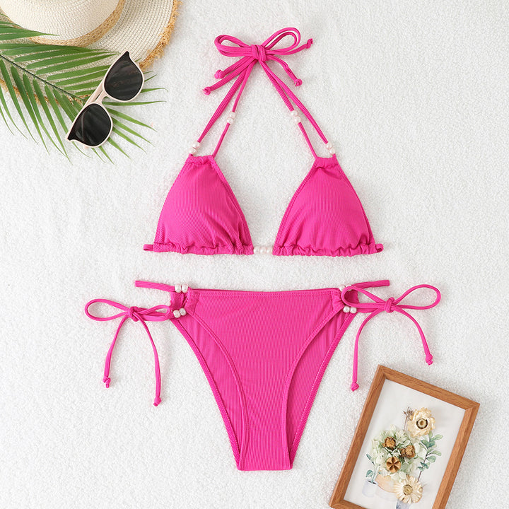 Dame Triangle-Bikini med perleudsmykkede stropper og elegant rynkning Stilla
