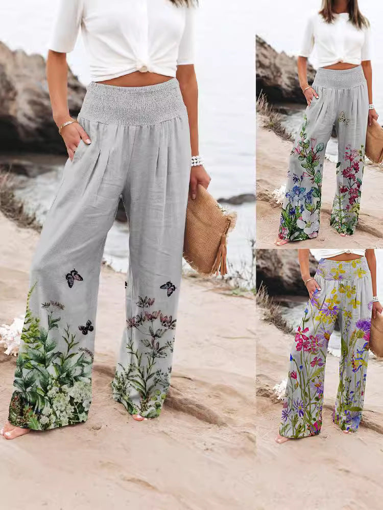 Dame Loose Buks med blomstret print og elastisk liv Stilla