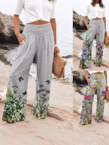 Dame Loose Buks med blomstret print og elastisk liv Stilla