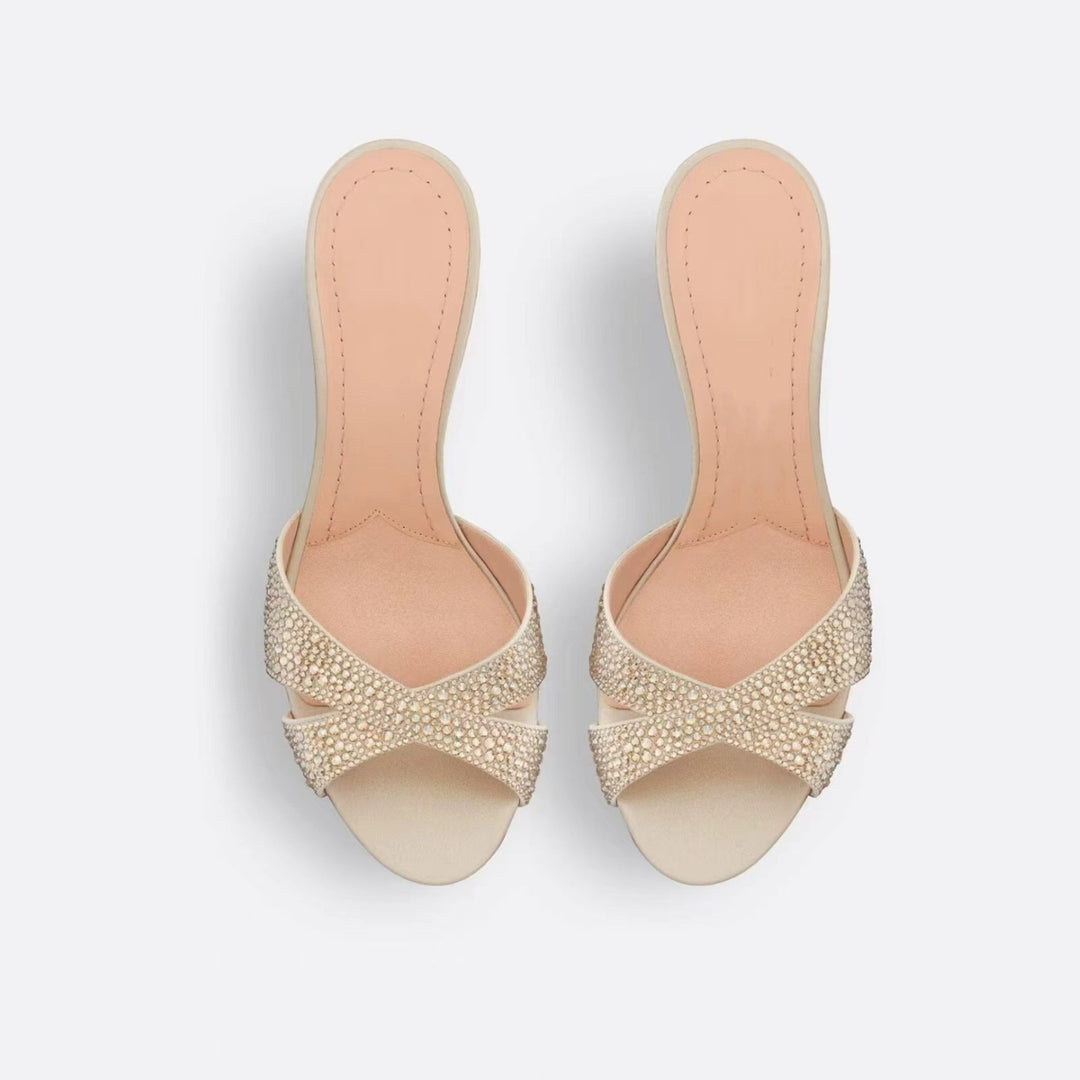 Femme Strass-besatte Åben-Tå High-Heel Mules Stilla