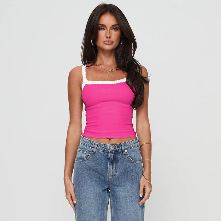 Dame Spaghetti straps top med dekorativt spidskant Stilla