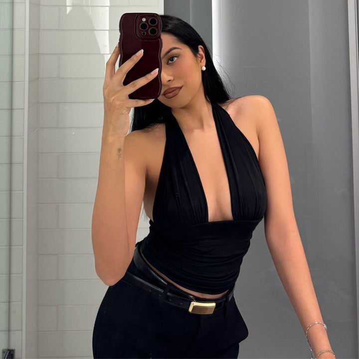 Dame Elegant Crop-Top med dyb V-udskæring og indpakningsdetaljer Skovae