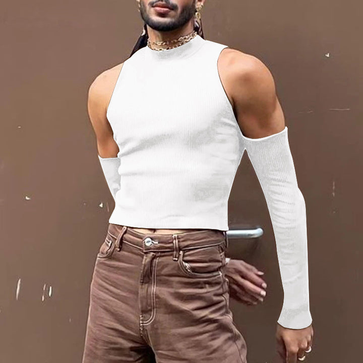 Unisex nan kort ribstrik-overdel med aftagelige armwarmer og skulderfri indsatser Skovae