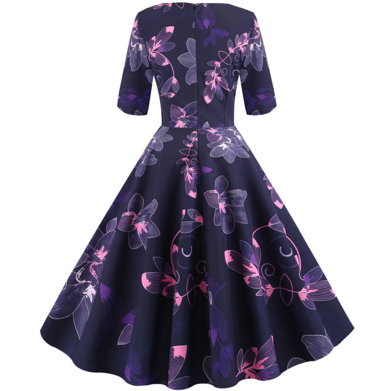 Dame Floral Print A-Linie Kjole med Elegant V-Udskæring Stilla