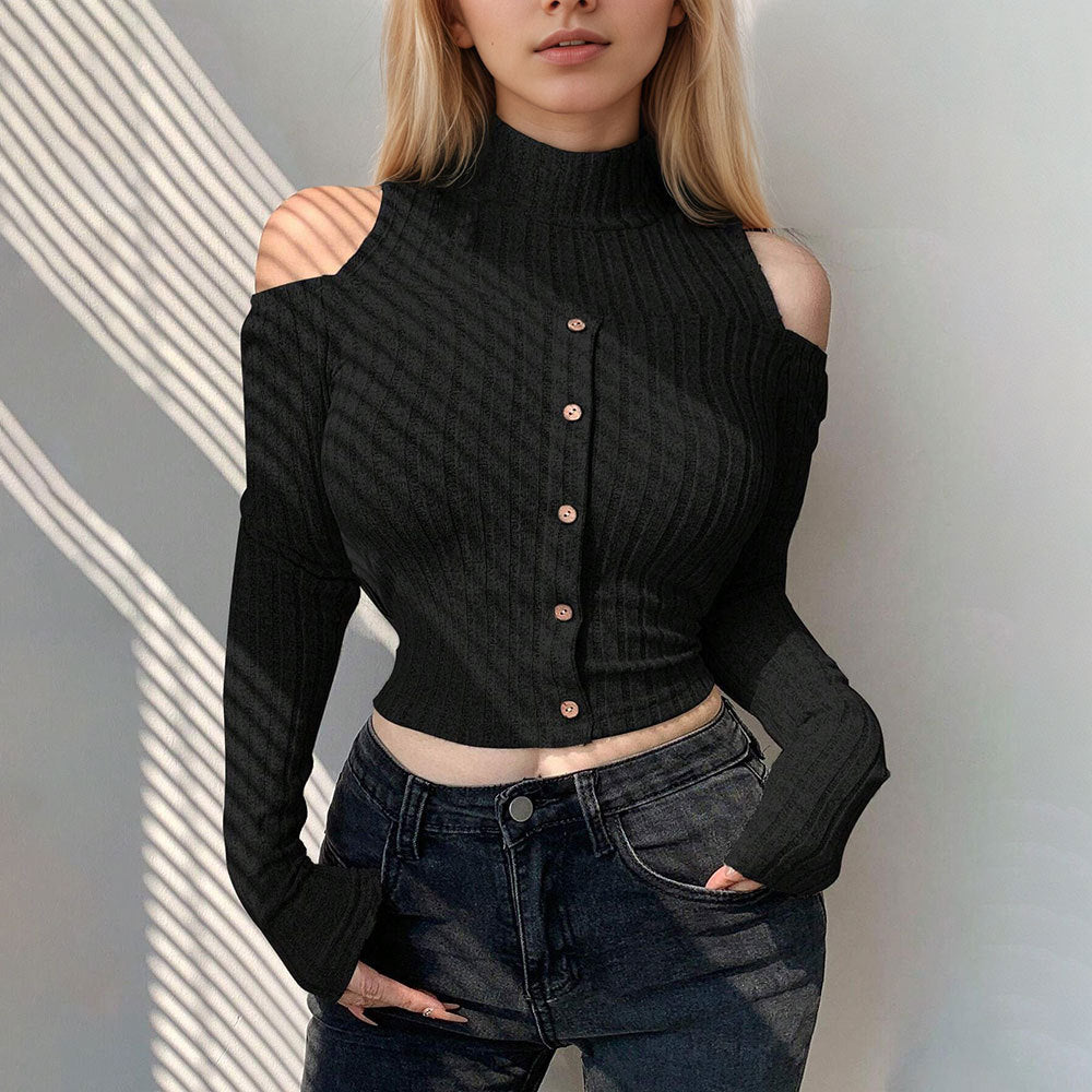 Kvinders cropped langærmet sweater med off-shoulder detaljer og knaplukning Stilla
