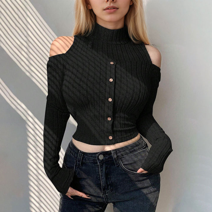 Kvinders cropped langærmet sweater med off-shoulder detaljer og knaplukning Stilla