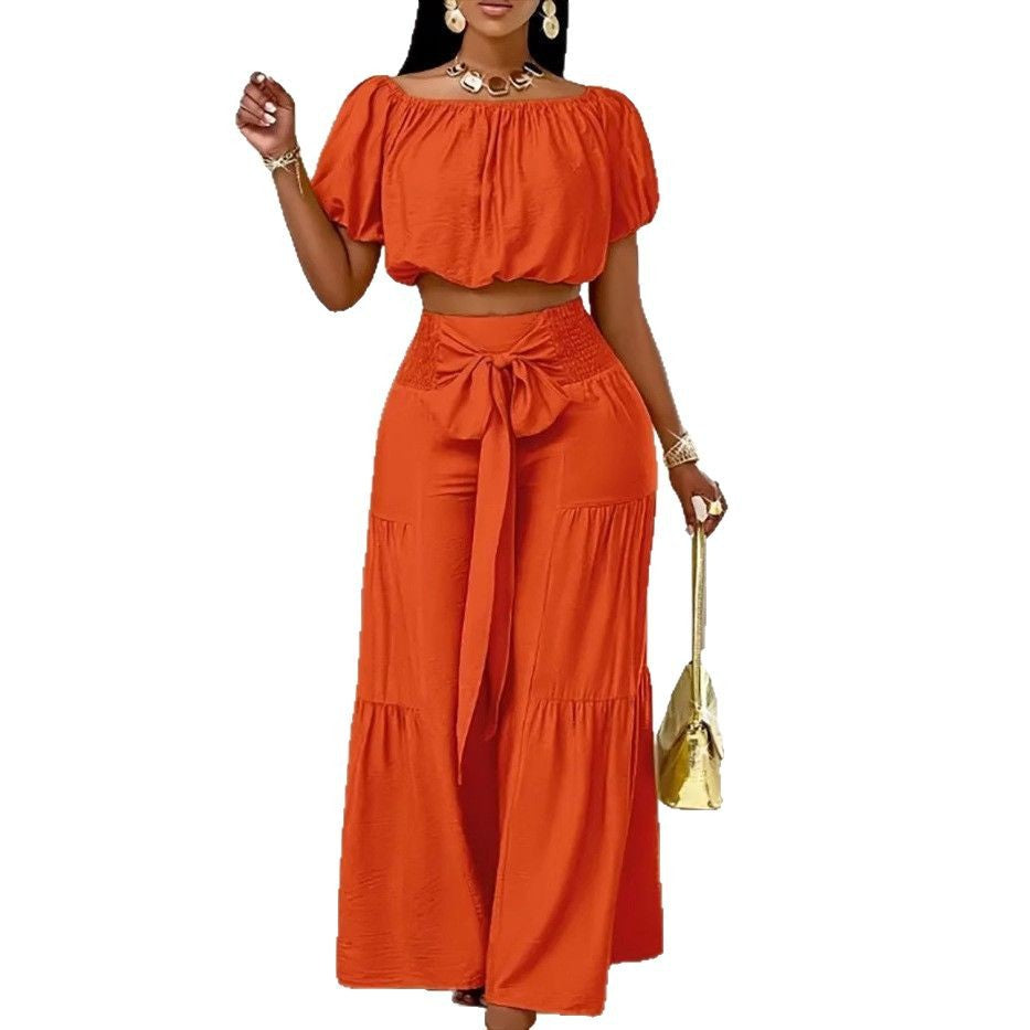Damer Off-Shoulder Crop Top og Højtaljede Palazzo Bukser Sæt Stilla