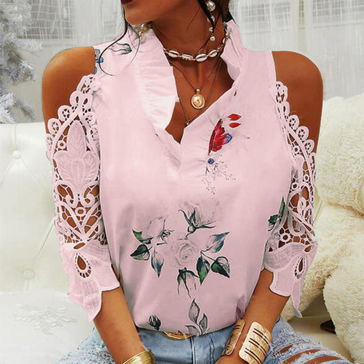 Dame Elegant Bluse med blomster mønstre og spids detaljer Stilla