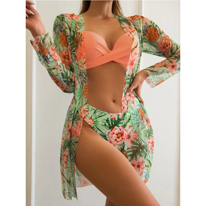 Dame 3-delt badetøj sæt med gennemsigtig strandoverfrakke og blomster bikini Stilla