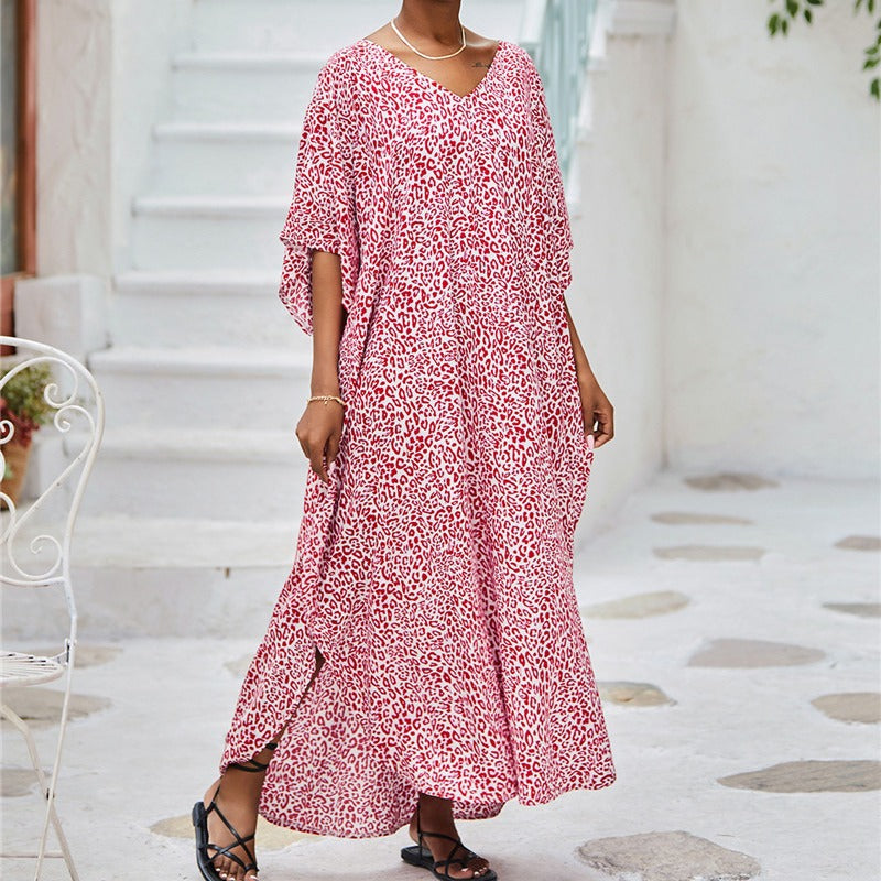 Dame moderigtig kaftan med dyremotiv og fleksibelt bindebånd Stilla