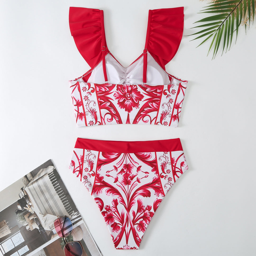 Dame Bikinikombination med elegant volant-top og blomster maksikjole Stilla