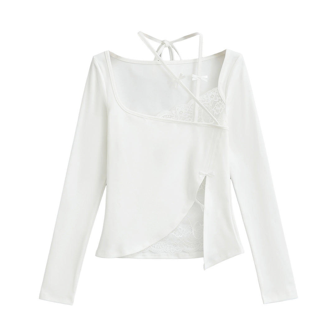 Damer elegant langærmet skjorte med off-shoulder design og delikate spids detaljer Stilla