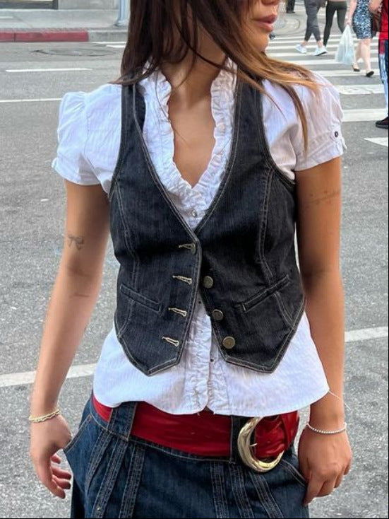 Dame denim-vest med modetræk og helhedsdesign Stilla