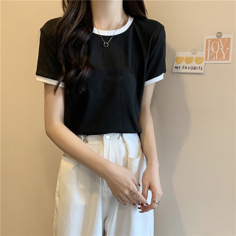 Femme Ribbstrik Kontrastkant T-Shirt Stilla