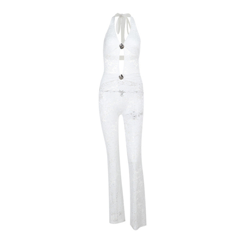 Dame jumpsuit med elegant spidsedetalje og dyb V-hals Skovae