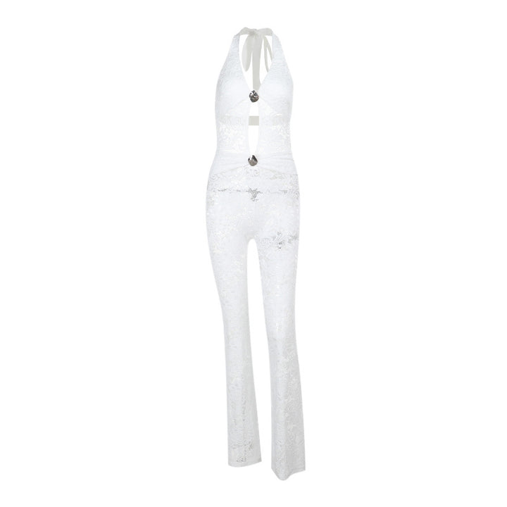 Dame jumpsuit med elegant spidsedetalje og dyb V-hals Skovae