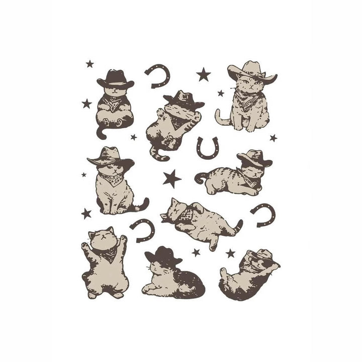 Dame Crop T-Shirt med legesyge kattemotiv og cowboy-design Skovae
