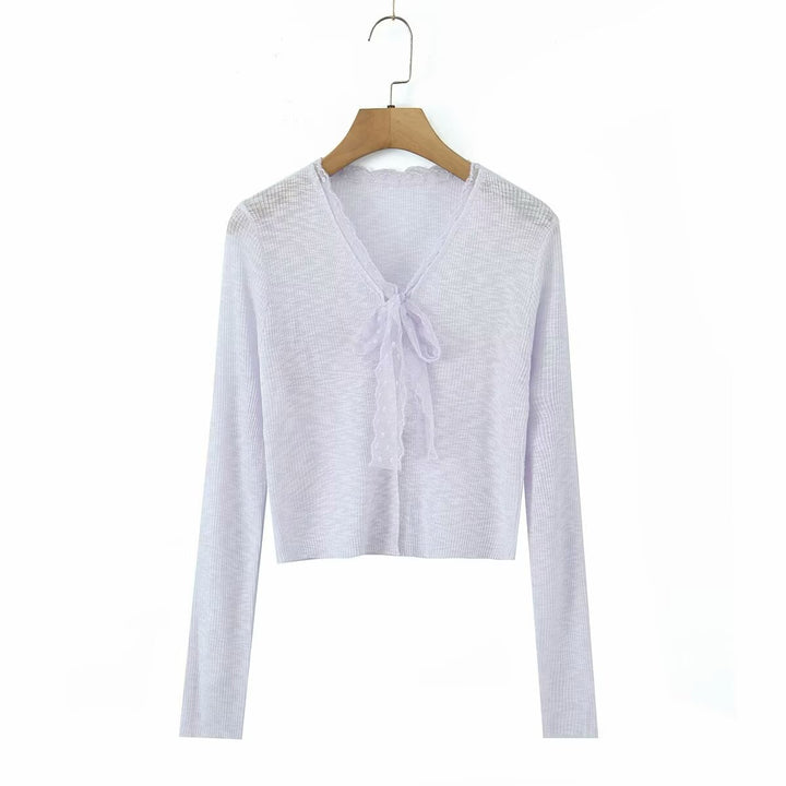 Dame elegant, kort skåret cardigan med delikate flæse detaljer Stilla