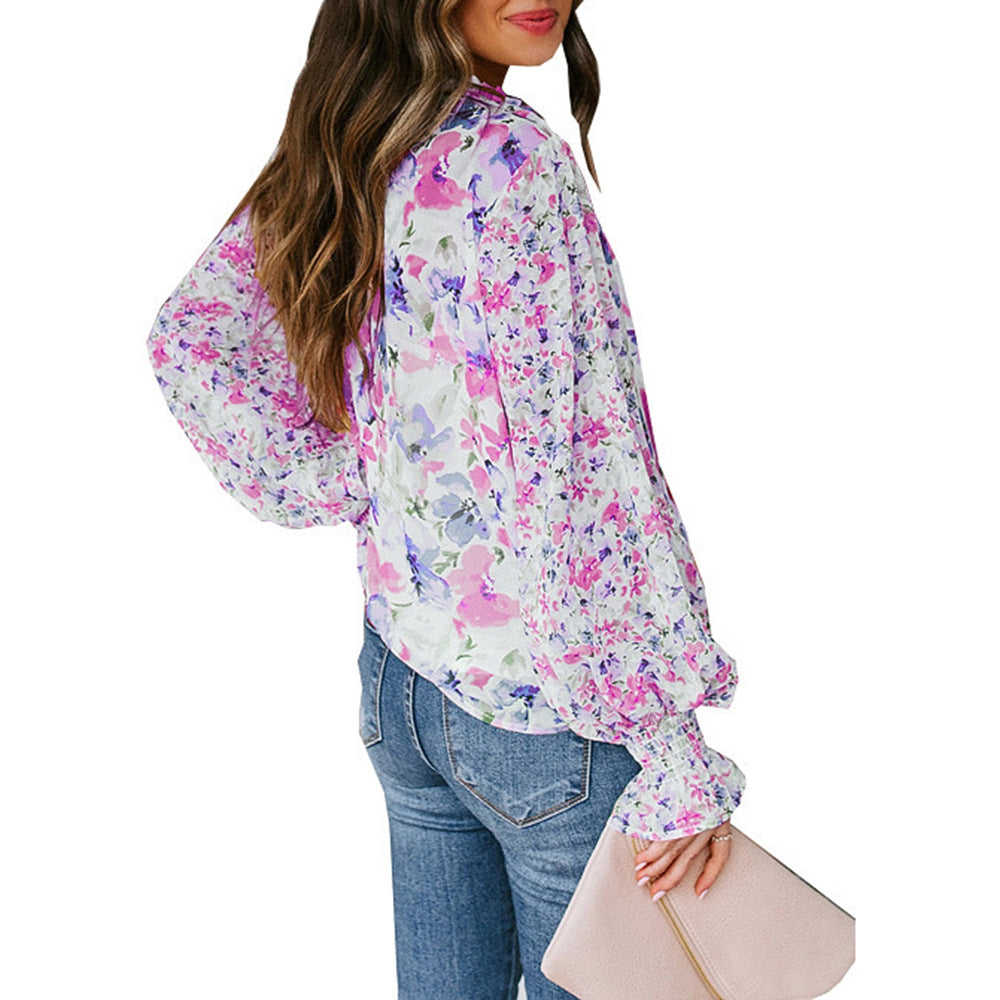 Damer Blomster mønster blouse top med brede ærmer Stilla