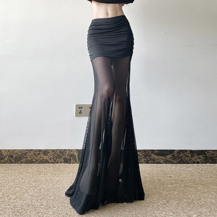 Dame Maxi-nederdel med transparent chiffon og rynket talje Skovae