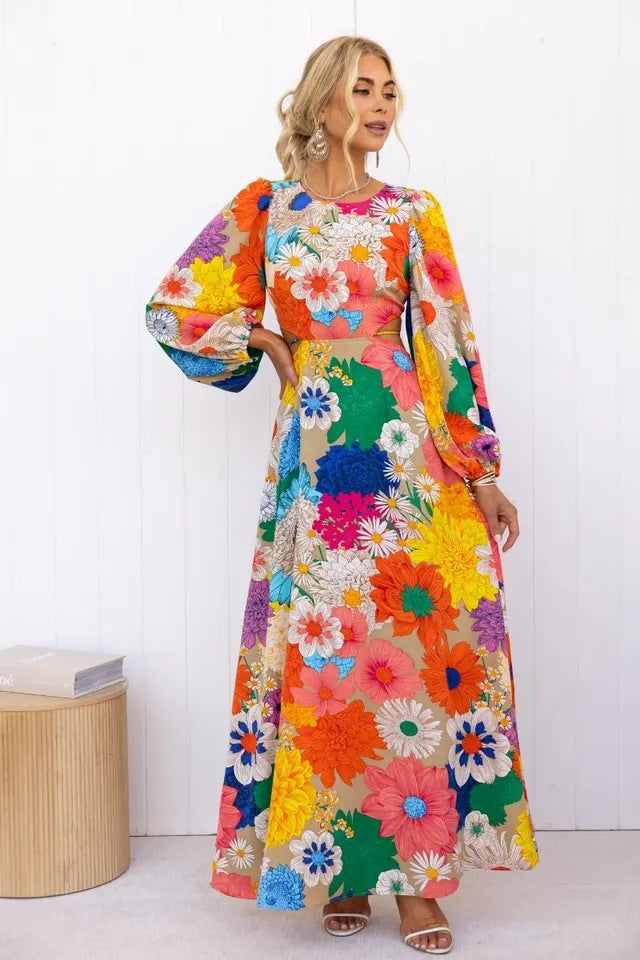 Kvinders blomster maxi kjole med voluminøse ærmer og blomsterprint over det hele Skovae