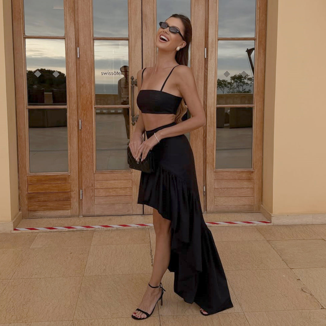 Dame elegant to-delt sæt med crop-top og asymmetrisk nederdel Stilla