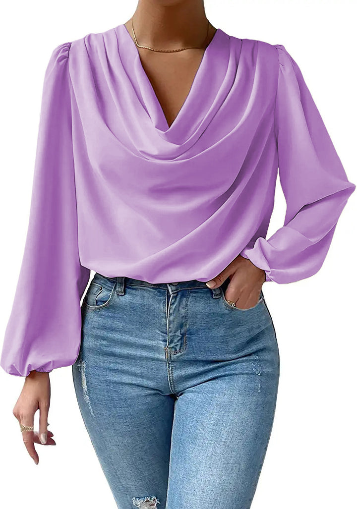 Damebluse med elegant vandfaldsudskæring og puffærmer Stilla